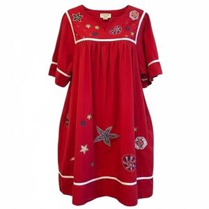 Bechamel Petite L Red Embroidered Boho‎ Peasant Dress Cotton Appliqué Folk Tunic